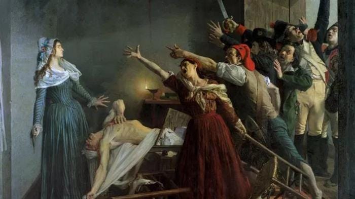 Charlotte Corday sort alors son couteau et le plante au-dessus du cœur de Marat